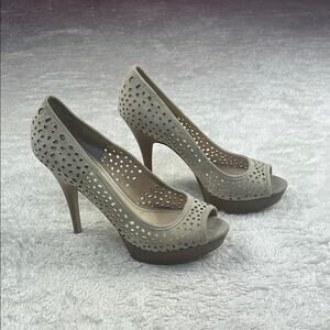 Enzo Angiolini Sully laser cut suede tan peep toe stiletto heels, 9.5
